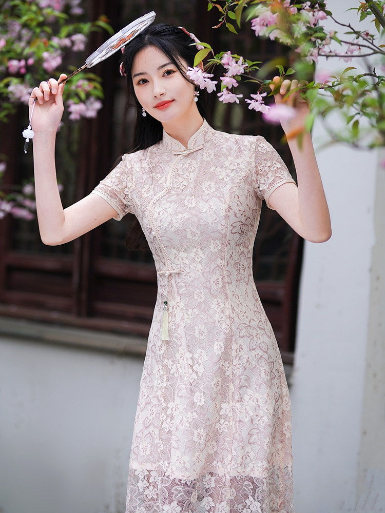 小个子奥黛旗袍改良145cm显高夏季蕾丝日常可穿150cm少女年轻款夏