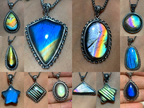 拉长石吊坠银镶嵌包边精品紫彩虹蓝黄金绿色月亮五角星椭圆水滴方