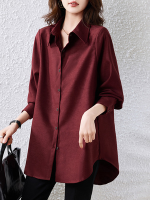 纯色中长女式衬衫2025春秋季新款洋风百搭韩风宽松修身休闲衬衫