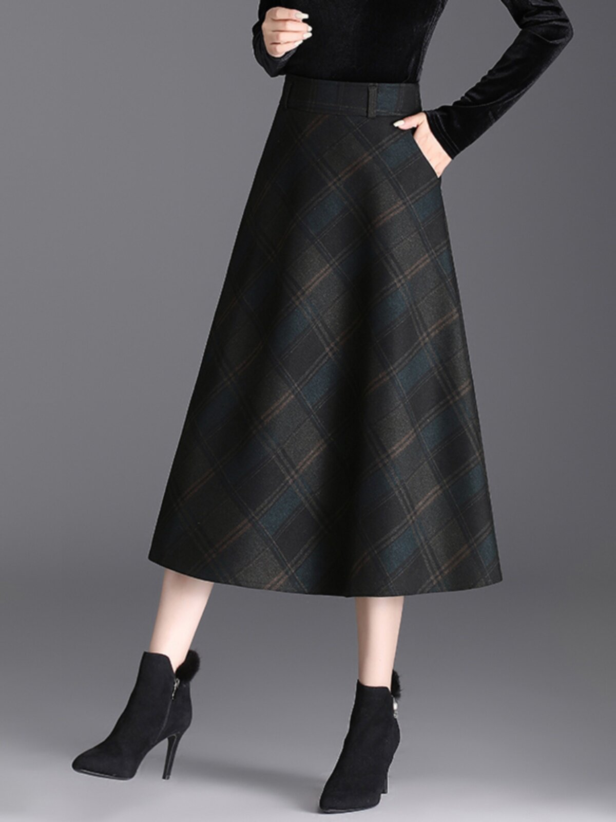 格子半身裙女秋冬季2025新款高腰半裙a字显瘦伞裙大摆长裙子