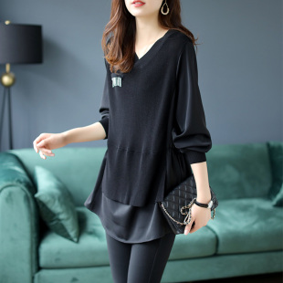 洋气针织衫 胖mm宽松显瘦时尚 上衣 女2025春秋新款 假两件t恤打底衫