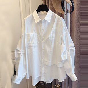 春秋宽松遮肉上衣百搭长袖衬衣大码女装港风拼接华夫格胖MM衬衫女