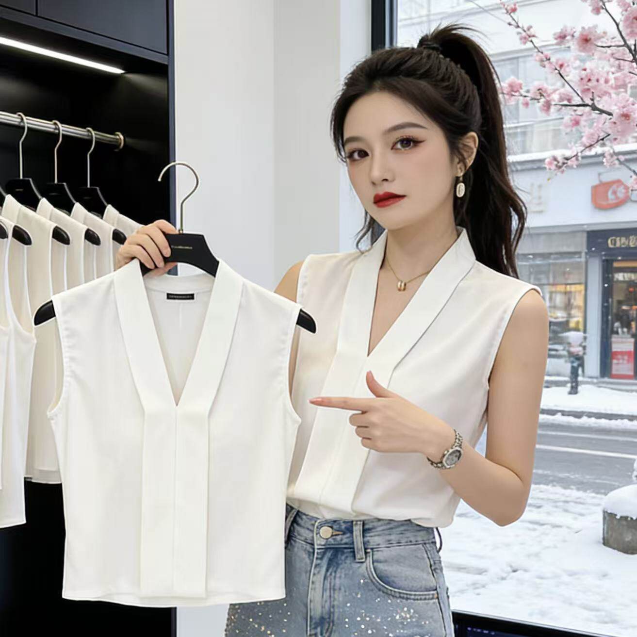 V领无袖衬衫女春夏新款西装内搭打底衫女砍袖纯色雪纺外穿小背心