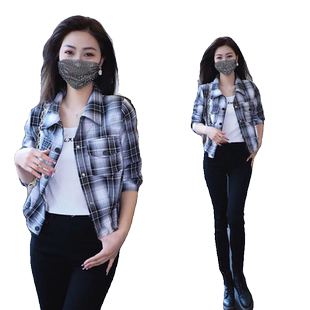 春秋女士简约格子衬衫洋气宽松短装女上衣小香风上衣女衬衫