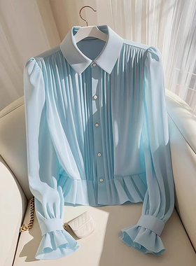早春气质高端长袖上衣女设计感小众法式夏轻奢高级感绝美蓝色衬衫