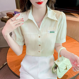 V领时尚 条纹衬衫 女百搭韩版 洋气上衣女 减龄小衫 新款 2024夏季 短袖