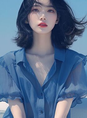 蓝色泡泡袖夏季新款遮肉显瘦上衣法式气质雪纺小衫女减龄薄款衬衫