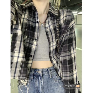 韩系新款polo领格子短款衬衫女长袖早秋外穿百搭上衣宽松显瘦外套