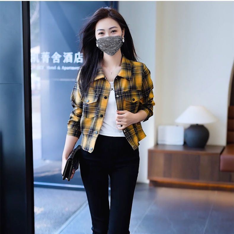 简约格子衬衫小香风上衣女春秋女士高档衬衫洋气宽松短装上衣衬衫