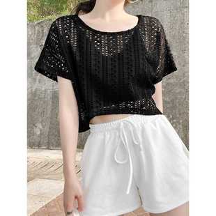 镂空上衣套头披肩夏季 女士白色蕾丝短款 短袖 小香风吊带裙外搭罩衫