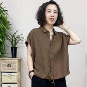 新款 夏季 时尚 百搭显瘦棉麻上衣洋气减龄妈妈装 亚麻衬衫 小衫 女短袖