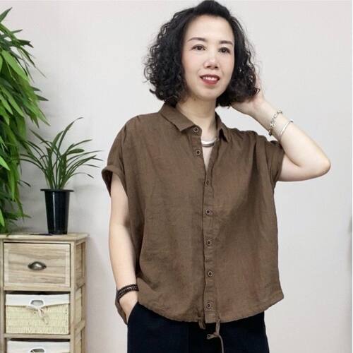 棉麻上衣洋气亚麻衬衫女短袖夏季