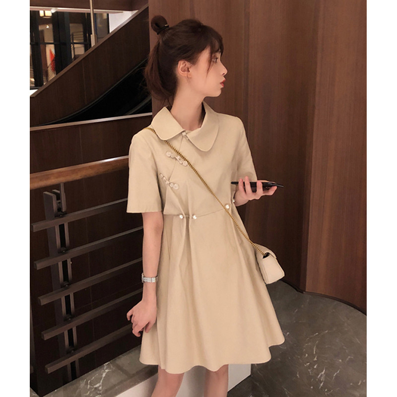 夏装森系复古珍珠盘扣改良旗袍连衣裙女神范法式小个子气质汉服裙