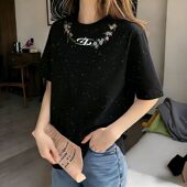 女士圆领满天星亮片短袖 设计感独特风韩版 新款 T恤宽松显瘦ins上衣