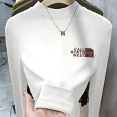 T恤女生百搭修身 半高领设计新款 双面德绒长袖 白色保暖打底上衣服