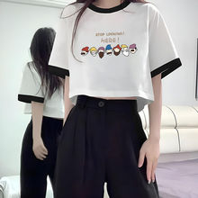 夏季纯棉新款ins短袖T恤女短款黑白拼接高级宽松慵懒风设计感上衣