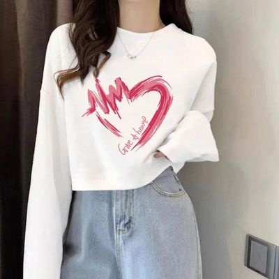 白色纯棉短款长袖t恤女通