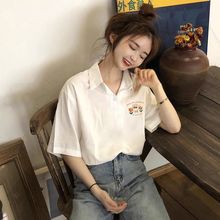 白色纯棉POLO短袖T恤女夏季2025新款韩版ins学生宽松翻领印花上衣