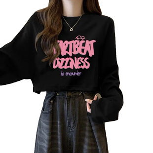 原宿风宽松显长袖T恤女秋季薄圆领长袖设计感小众辣妹短款上衣