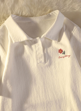 2025夏季宽松纯棉盐系Polo领百搭短袖T恤女学院风白色潮流ins上衣