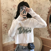 圆领纯棉长袖 T恤女新款 春秋季 辣妹高腰短款 宽松白色ins上衣打底衫