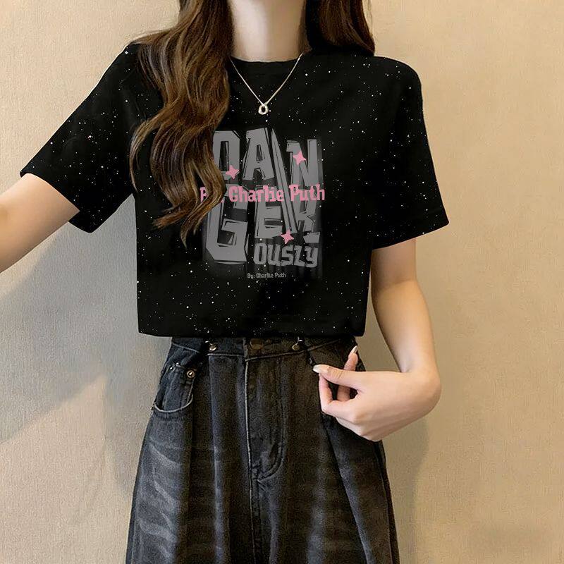 纯棉夏季新款韩版印花短袖T恤女生百搭2026宽松满天星ins短款上衣 - 实物图