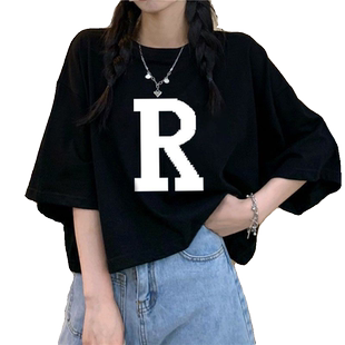 韩版学生黑色印花短款T恤女夏季宽松高腰百搭辣妹休闲短袖上衣ins