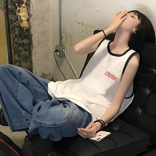 美式 坎显瘦撞色拼接运动上衣T恤 纯棉无袖 背心女外穿宽松ins中长款