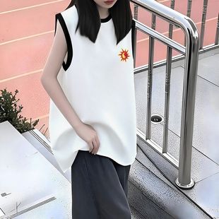 纯棉无袖 宽松百搭小众简约黑白撞色上衣潮 背心t恤女2025夏季 新款