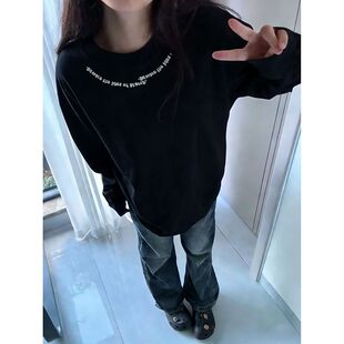 外穿2025新款黑色印花女生休闲风韩版爆款秋冬季百搭圆领打底上衣