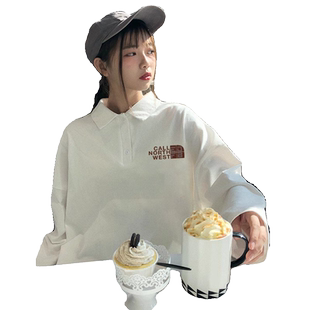 polo领印花套头长袖上衣女2025春秋季新款学生宽松学院风打底衫女