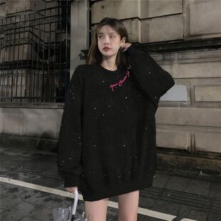 潮牌小众中长款时尚韩版气质风满天星亮片卫衣长袖女款秋冬季上衣