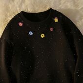 美式 宽松百搭ins满天星上衣 新款 休闲复古印花黑色长袖 t恤女生春季