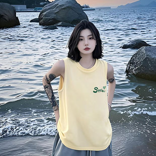 t恤女2025夏季 纯棉酷辣无袖 ins潮流坎肩背心宽松设计感中性风上衣