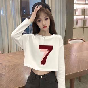 ins个性 秋季 t恤女新款 长袖 运动休闲爵士舞上衣舞蹈服 高腰圆领短款