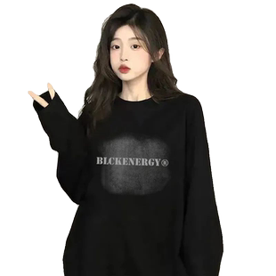 春秋季黑色辣妹显瘦上衣女韩版宽松长袖T恤港风街头外穿打底衫潮