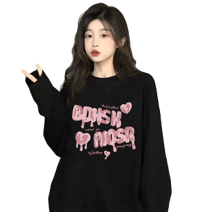 hiphop潮牌潮流字母印花纯棉长袖T恤女宽松秋季打底美式黑色上衣