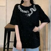 T恤春夏季 纯棉设计感中长款 印花圆领满天星亮片短袖 宽松显瘦上衣