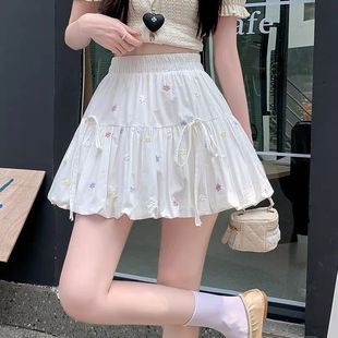 A字短裙花苞裙 甜美小花朵印花白色蓬蓬裙子温柔风半身裙少女夏季
