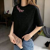 T恤女士春夏季 潮流潮牌中长款 小众满天星亮片短袖 宽松显瘦ins上衣