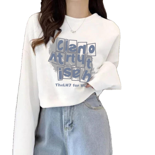 新款秋冬季短款纯棉圆领长袖T恤女oversize白色甜妹穿搭宽松上衣