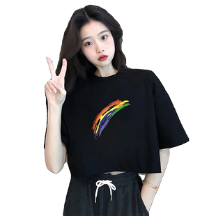 2025纯棉夏季新款短款黑色短袖t恤女ins潮流半袖港风宽松学生上衣