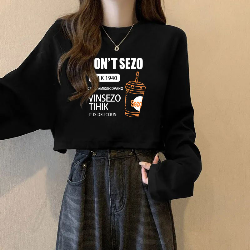 早秋季黑色短款上衣ins慵懒风