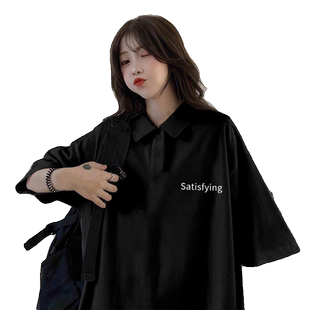 POLO衫短袖T恤女生夏季新款黑色百搭中长款显瘦翻领上衣服ins潮流