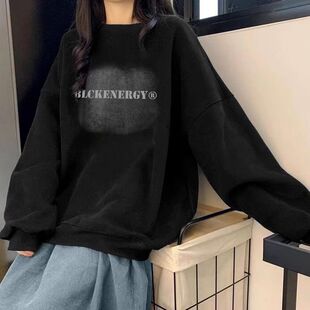 简约百搭圆领卫衣女学生秋冬校园风韩系休闲宽松慵懒风长袖 上衣潮