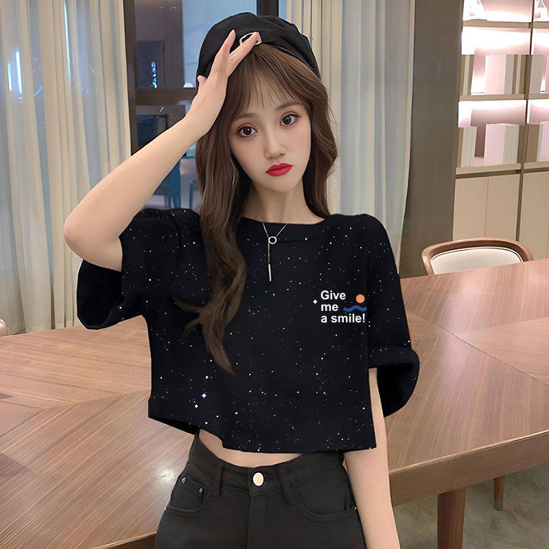 黑色纯棉短款短袖T恤女生高腰韩版宽松潮流满天星珠片设计上衣服
