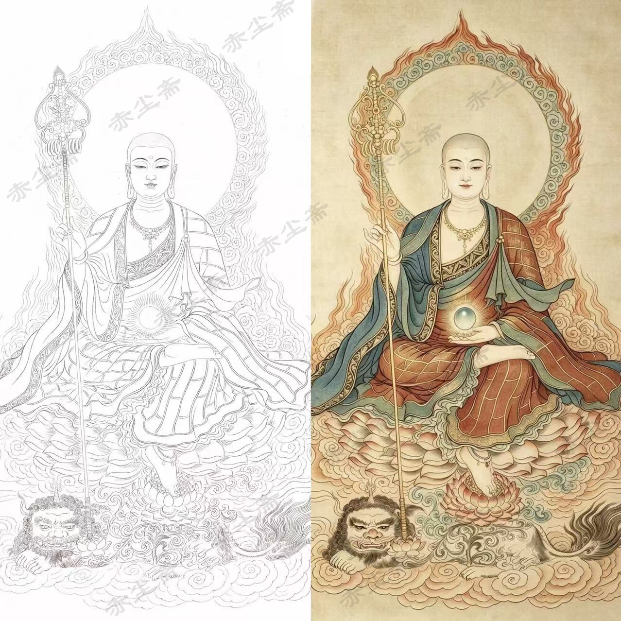 地藏菩萨工笔白描佛像线稿临摹