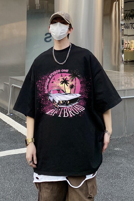 T2316P30控48夏季男士240克t恤短袖宽松半袖潮流港风印花男,男装T恤,电商B205