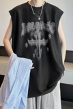 十字架麂皮绒背心男款潮流夏季美式复古重磅健身宽肩坎肩无袖t恤，男装背心/马甲，电商B205