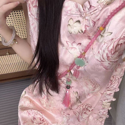 伊敏YIMIN【粉胭绣荷】新中式奥黛改良国风中长款缎面无袖上衣